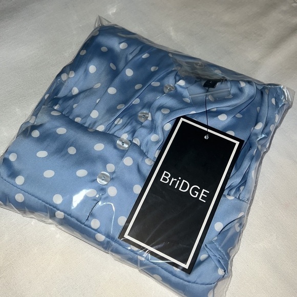 BRIDGE DRESS PERIWINKLE BLUE AND WHITE POLKADOTS NWT SIZE M SHOULDER TIES - Picture 17 of 17